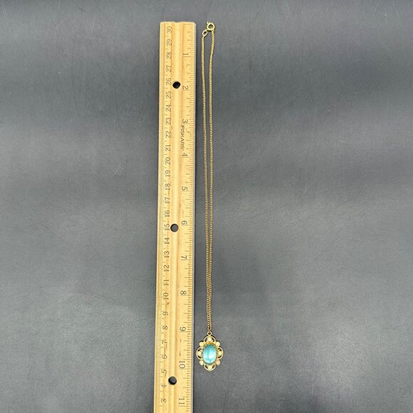 Vintage Moon Glow Necklace Victorian Style Turquoise Gold Tone Pendant Retro - Picture 8 of 8